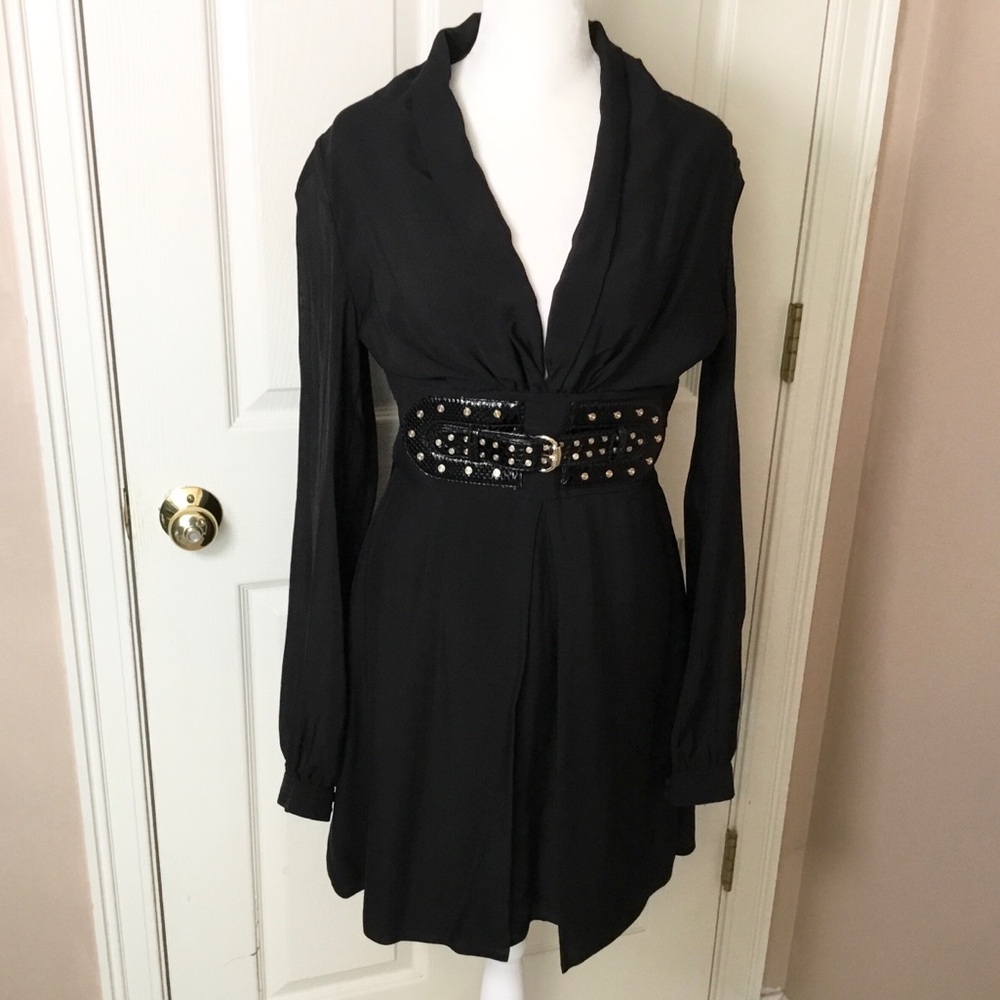 Gucci Black Long Sleeve Silk Dress with Belt Embellishment- Size 40